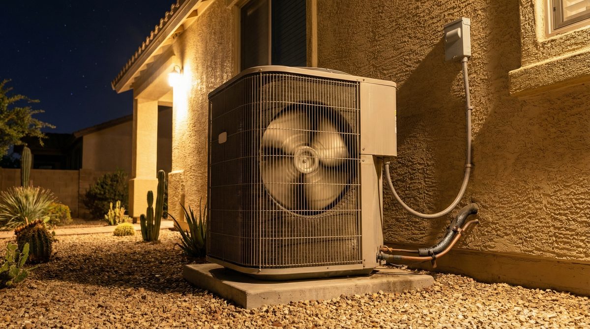 Residential AC condenser unit running at night outside Phoenix Arizona home