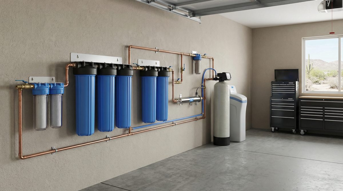 Whole-house water filtration system installed in Phoenix Arizona home garage