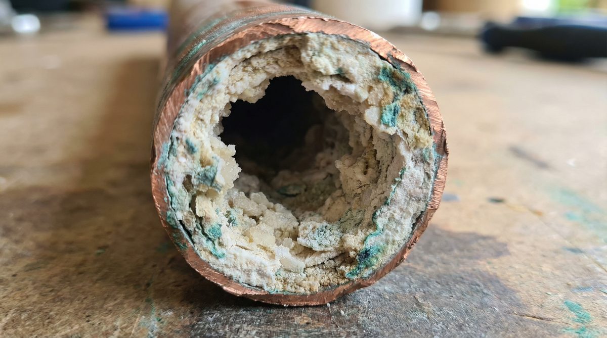Mineral scale and calcium deposits inside copper pipe from hard Phoenix water