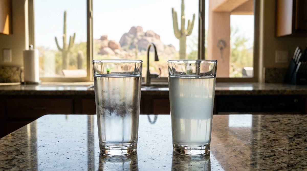 Filtered water vs unfiltered Phoenix tap water comparison on kitchen counter