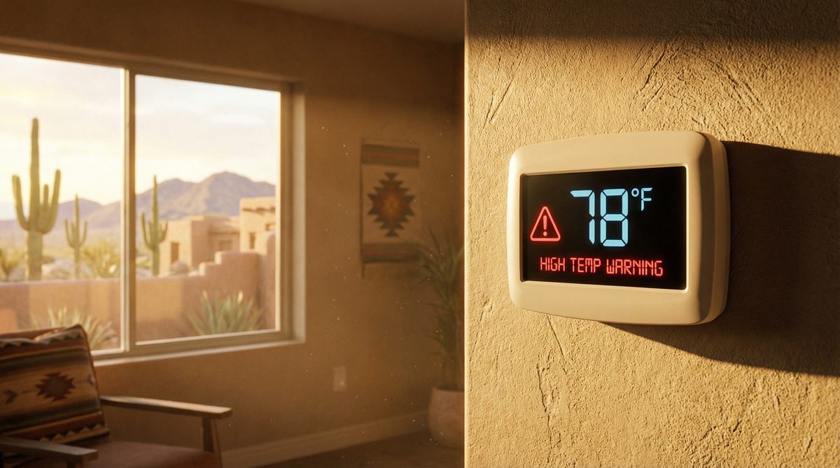 Thermostat showing high temperature warning inside Phoenix Arizona home during summer