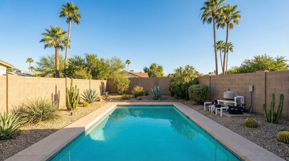 Residential swimming pool with turquoise water and pool equipment in Phoenix Arizona backyard