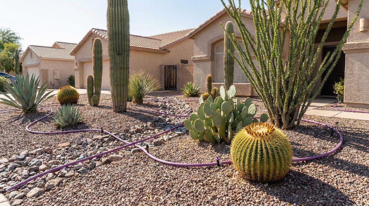 Drip irrigation system with purple reclaimed water pipes in Phoenix desert landscaping