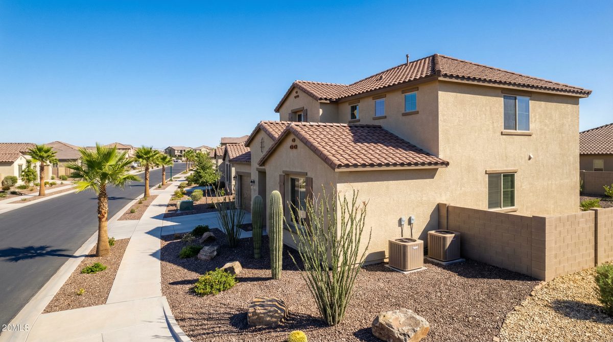 Two-story stucco home with dual AC units in Goodyear Arizona master-planned community