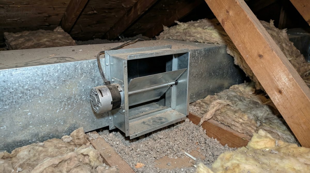 HVAC zone damper motor installed in residential ductwork for AC zoning system