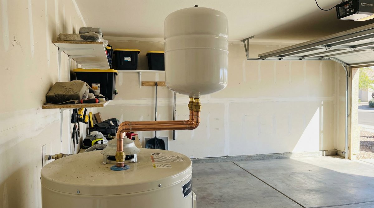 Thermal expansion tank mounted above water heater in Goodyear Arizona home garage