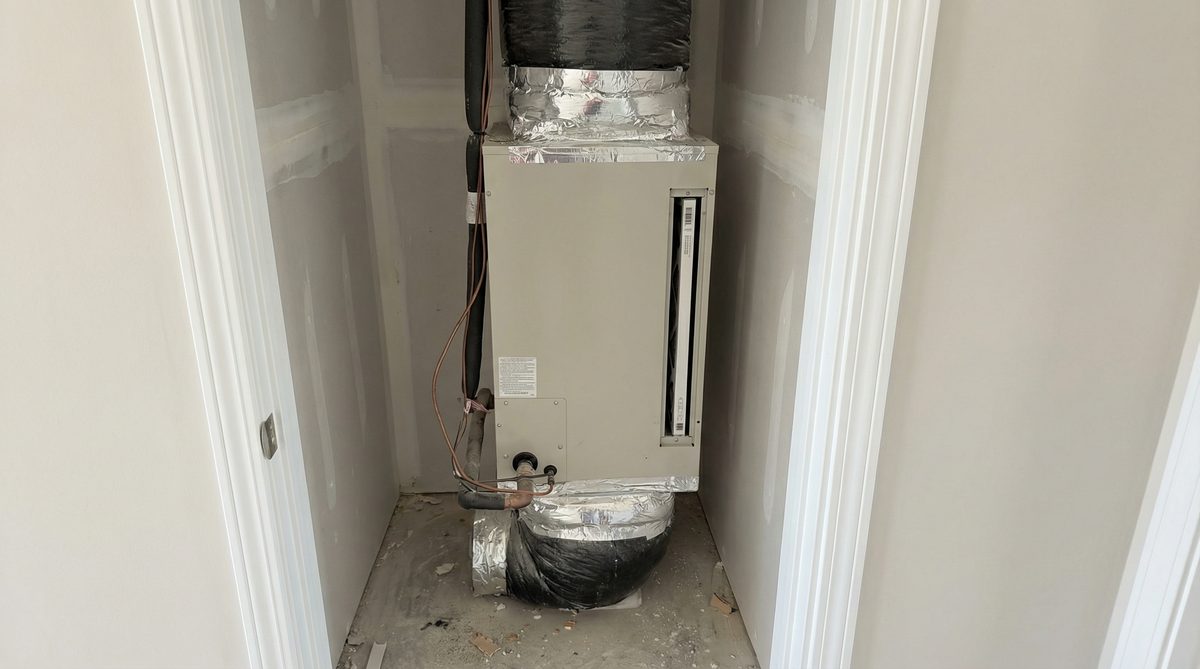 Builder-grade HVAC air handler unit in closet of new Goodyear Arizona construction home