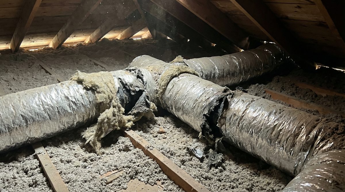 Damaged deteriorated flex ductwork in Arizona residential attic showing heat damage