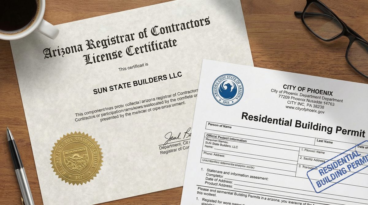Arizona Registrar of Contractors license certificate and residential building permit documents