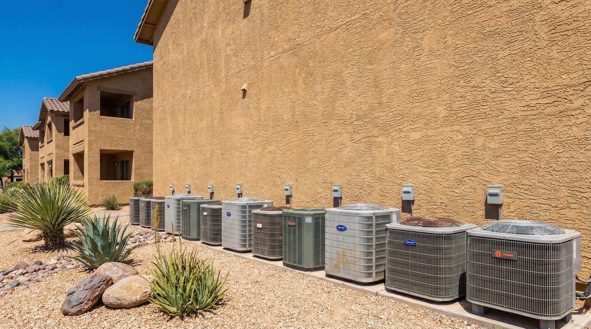 Row of residential AC condenser units outside Gilbert Arizona townhome community