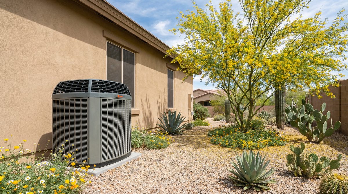 Outdoor AC unit beside an Arizona home with desert landscaping in spring