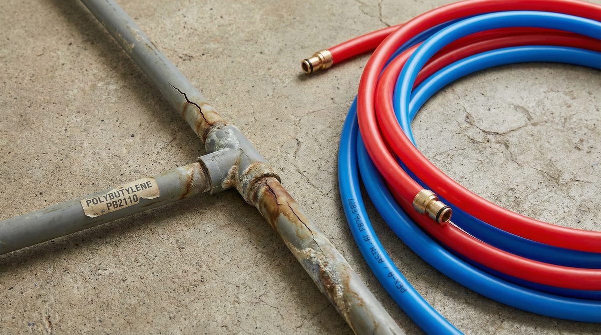Old polybutylene pipe compared to new red and blue PEX piping replacement options