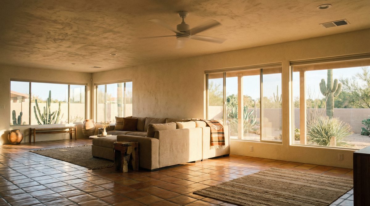 Ceiling fan spinning in bright Arizona living room helping reduce air conditioning load in Gilbert AZ home