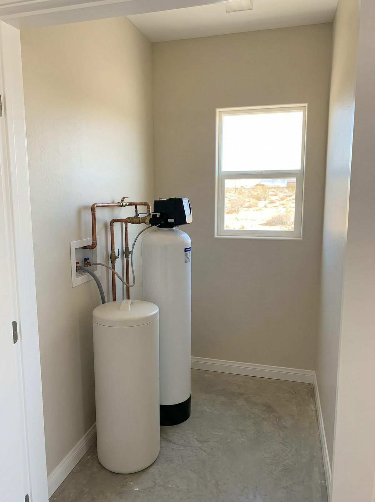 Residential water softener system installed in Gilbert Arizona home garage with brine tank