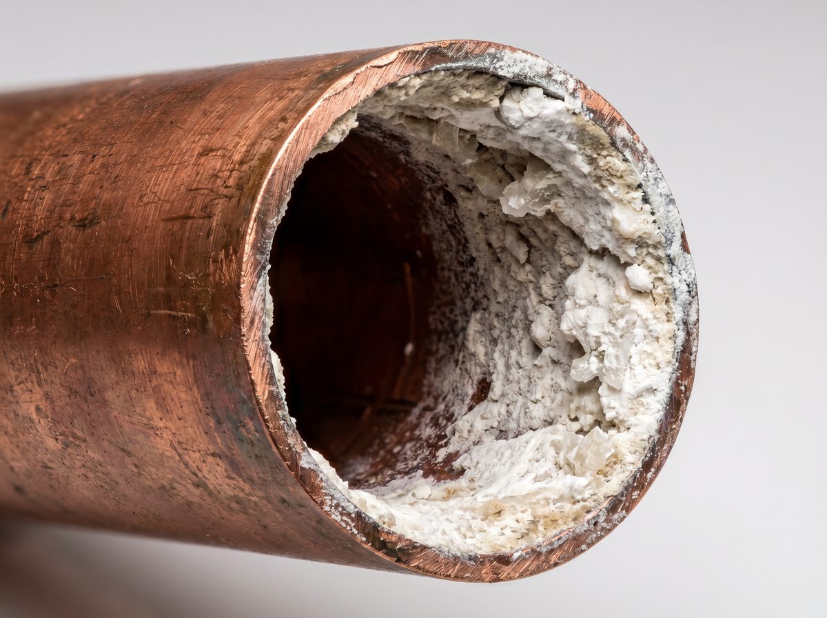 Calcium and mineral scale buildup inside copper pipe cross-section from Gilbert AZ hard water