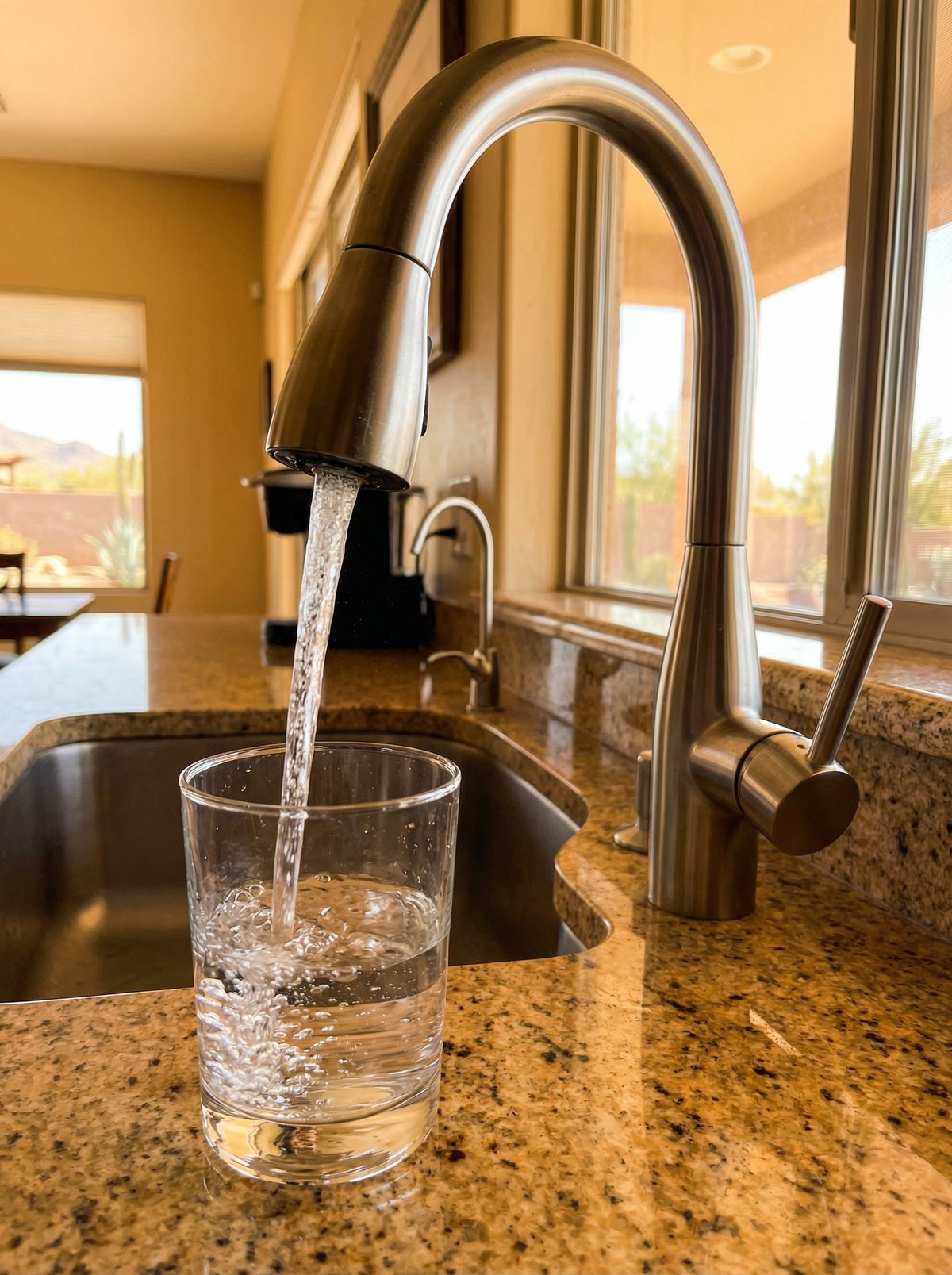 Clear filtered water flowing from kitchen faucet in Gilbert Arizona home after water softener installation