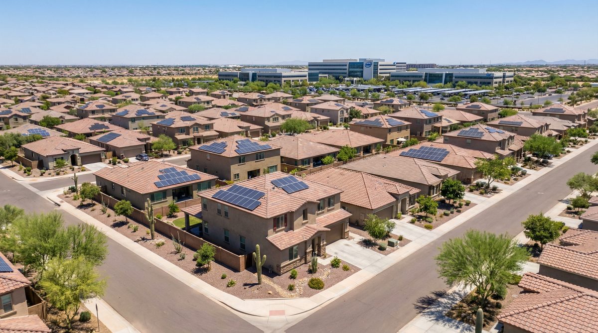 Aerial view of Chandler Arizona suburban neighborhood with modern homes near tech corridor