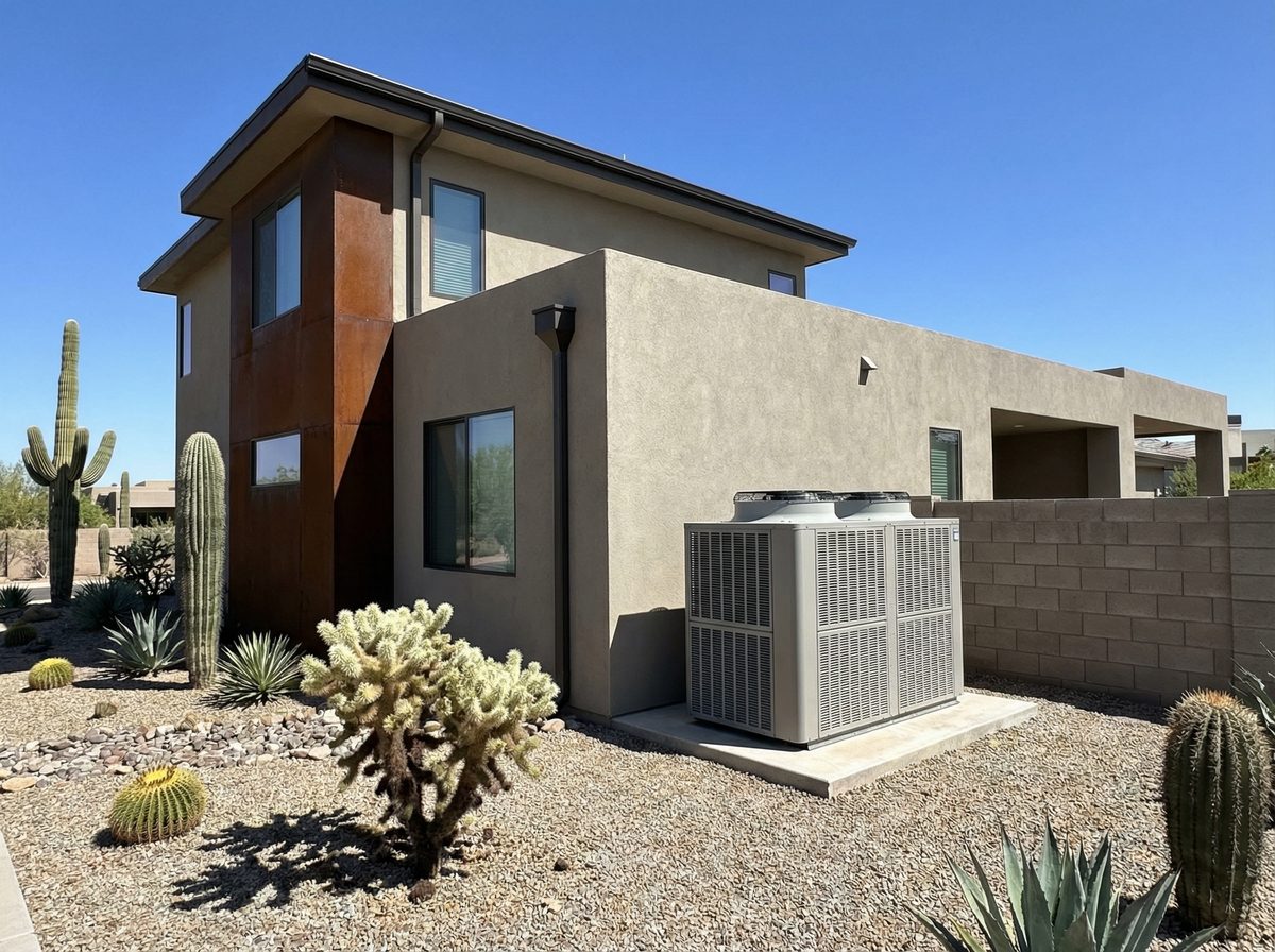 Modern two-story Arizona home with AC condenser unit and desert landscaping in Chandler