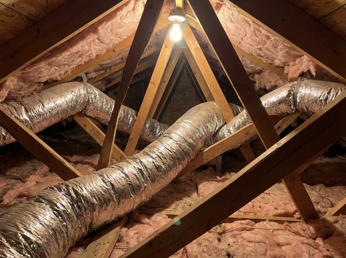 Exposed HVAC ductwork in residential attic showing flexible ducts between trusses in Chandler AZ home