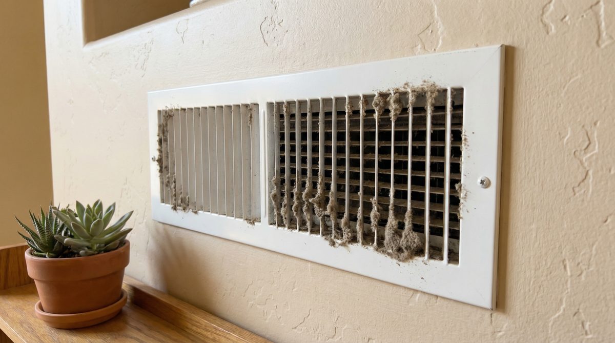 Dusty HVAC air return vent on wall of Chandler Arizona home needing maintenance