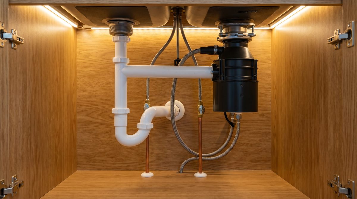 Under kitchen sink plumbing with PVC drain pipes and shut-off valves in Chandler AZ home