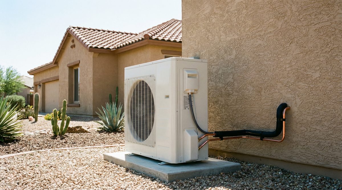 New AC condenser unit installed on concrete pad beside Sun City Arizona ranch home