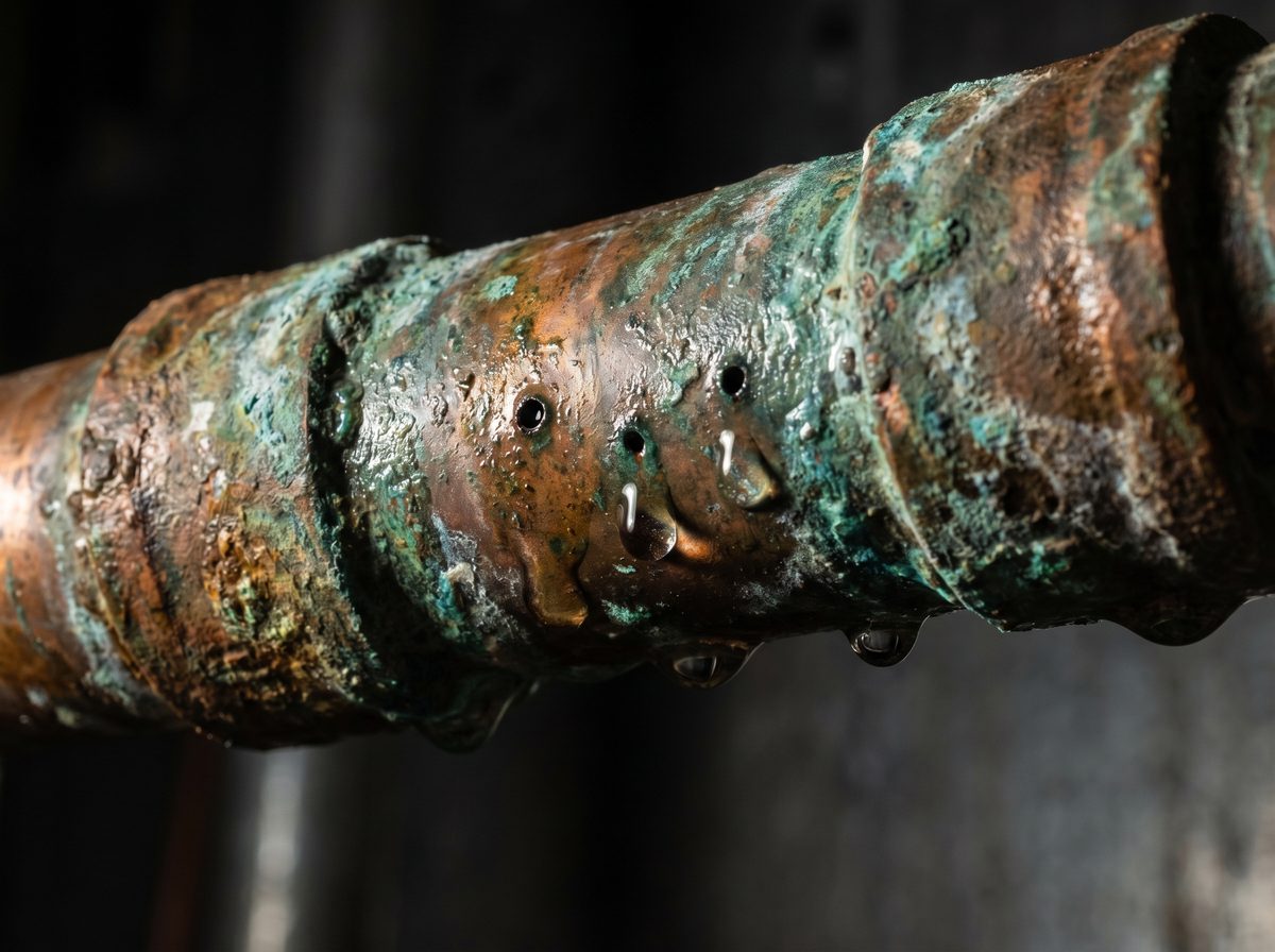 Corroded copper pipe with green patina and pinhole leaks common in older Sun City AZ homes