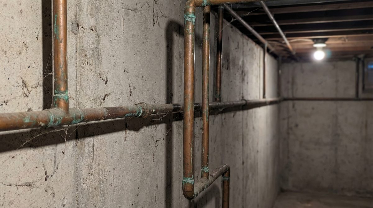 Aged copper plumbing pipes with oxidation running along wall in older Sun City Arizona home