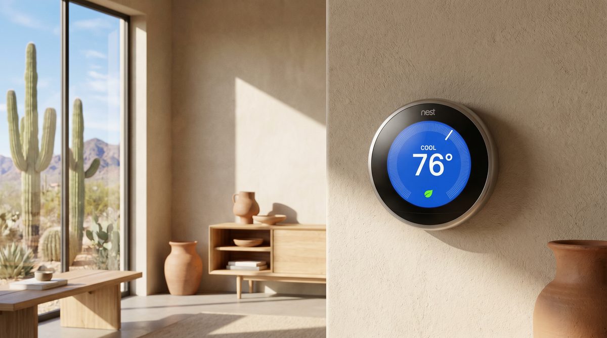 Smart Nest thermostat displaying 76 degrees on wall of Sun City Arizona home with desert view