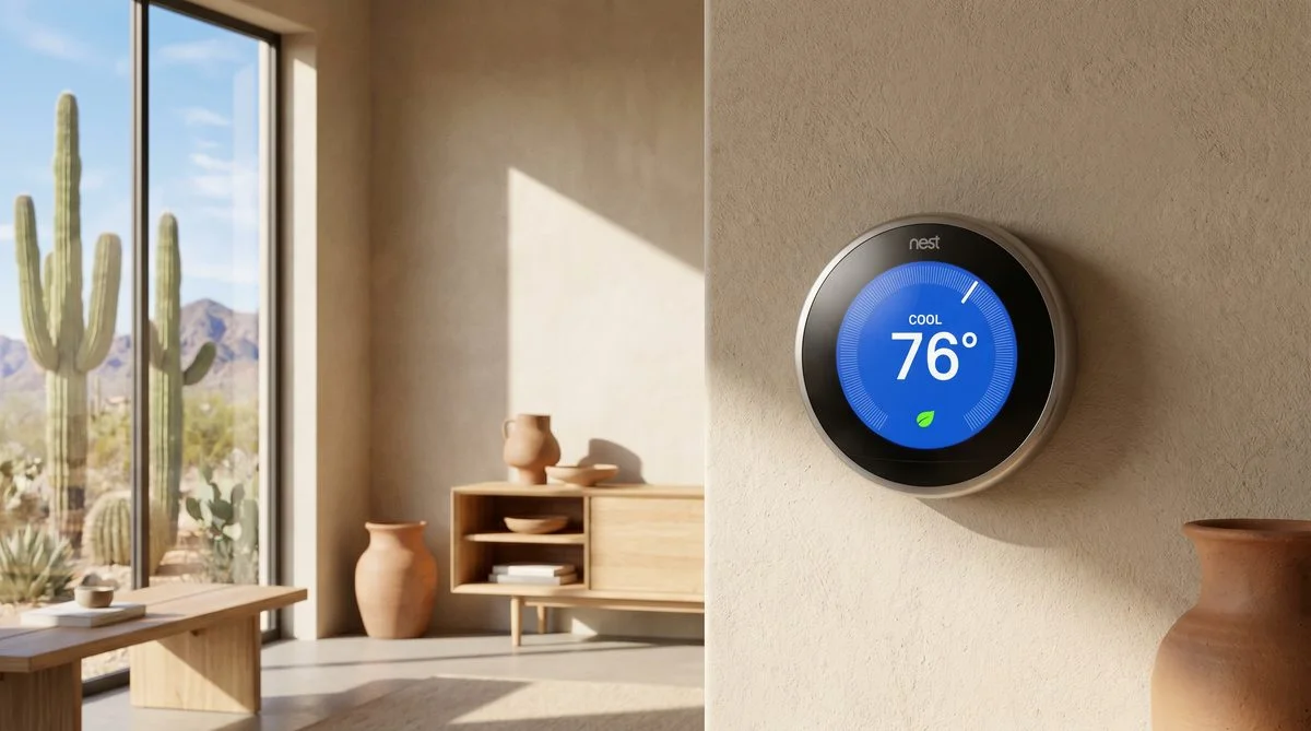 Smart Nest thermostat displaying 76 degrees on wall of Sun City Arizona home with desert view