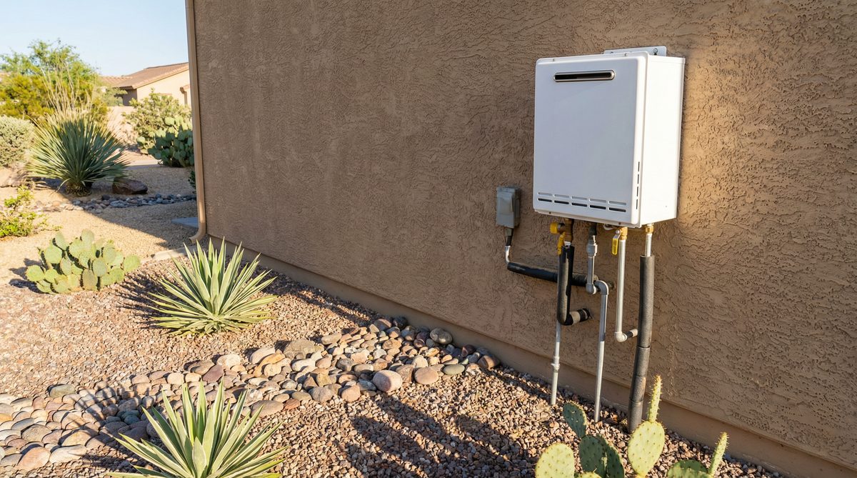 Tankless water heater mounted on exterior wall of Sun City Arizona stucco home