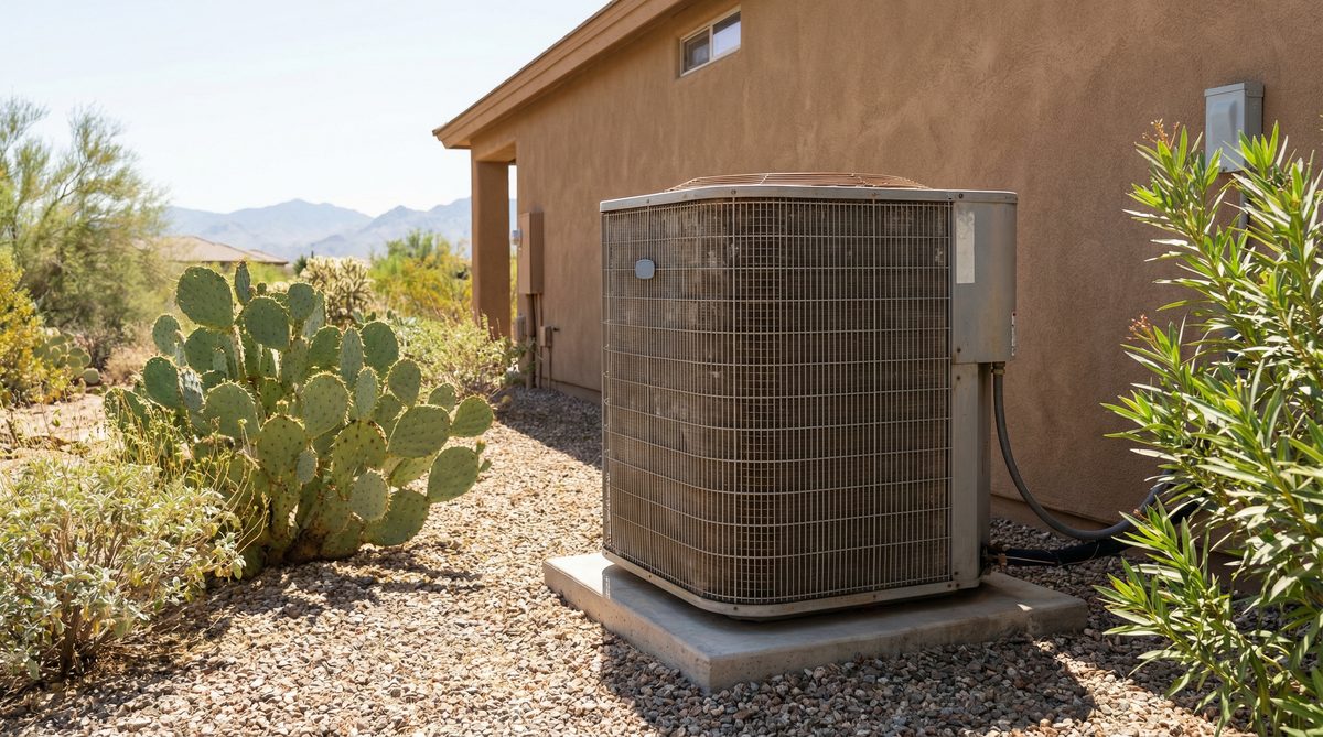 Central air conditioning condenser unit outside Arizona desert home