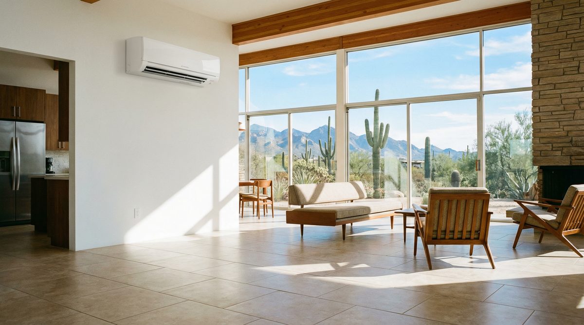 Ductless mini-split AC unit mounted in modern Arizona living room