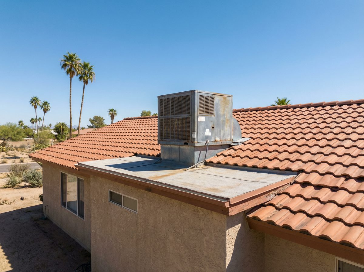 Rooftop evaporative swamp cooler on single-story Sun City Arizona ranch home with tile roof