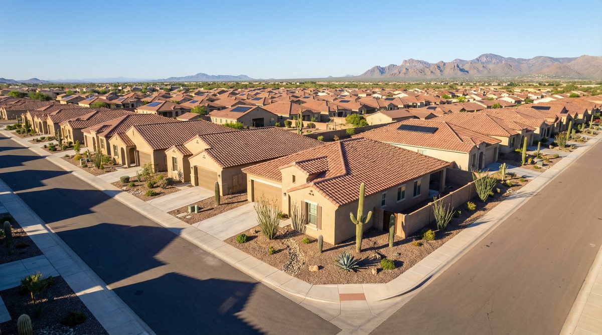 Aerial view of new construction homes in Queen Creek Arizona subdivision