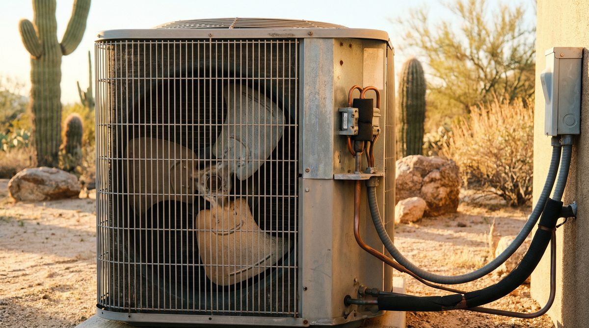 Close-up of outdoor AC condenser unit in Arizona desert setting