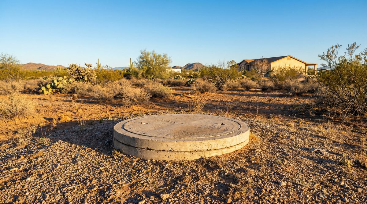 Concrete septic tank lid in dry Arizona yard on rural Queen Creek property