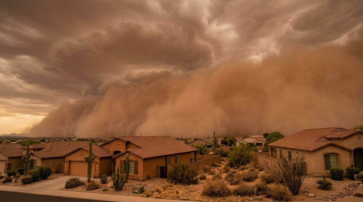 Massive haboob dust storm approaching Arizona residential neighborhood
