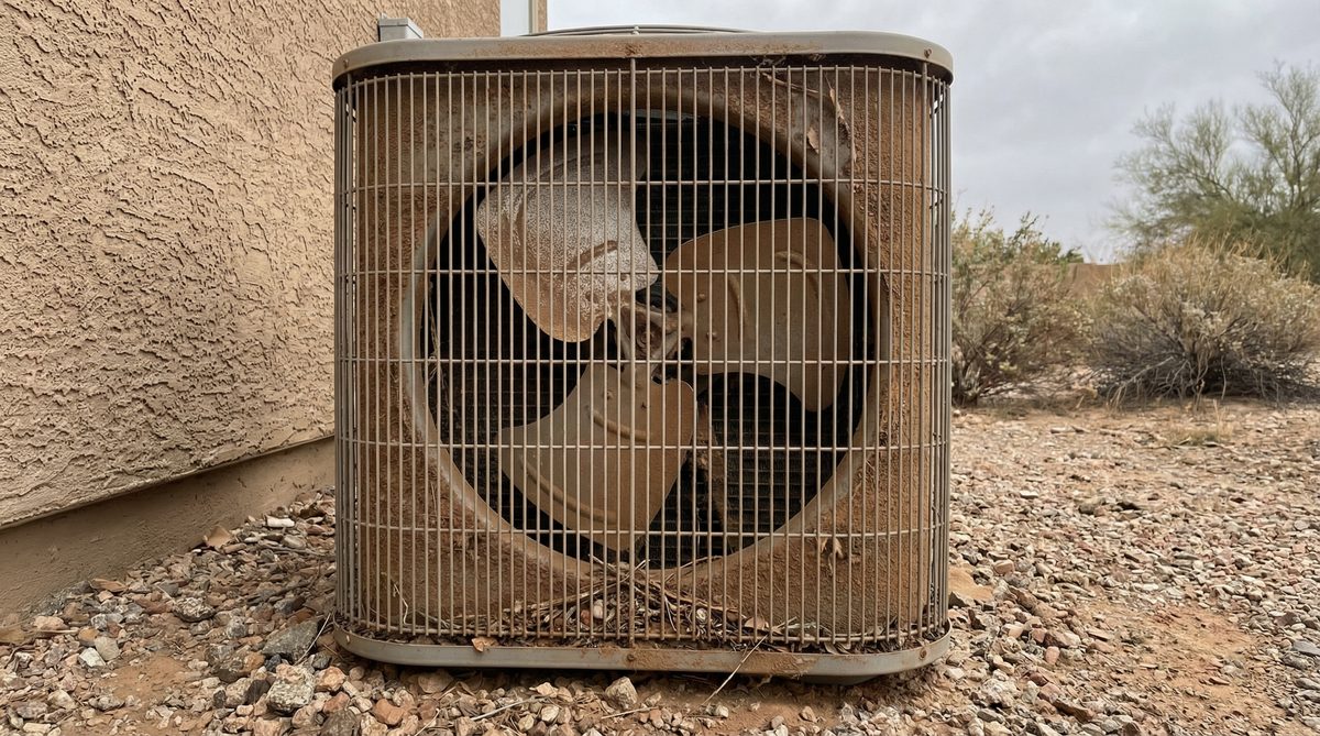 Outdoor AC unit covered in desert dust after Arizona dust storm