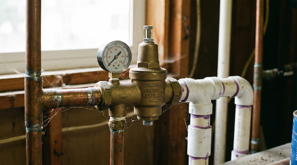 Water pressure regulator valve on residential plumbing system