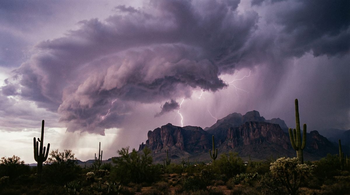 Monsoon storm clouds with lightning over Arizona desert mountains