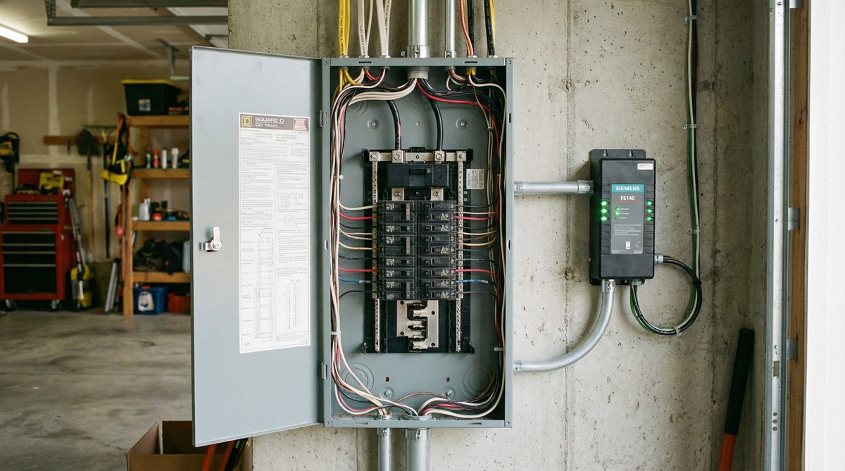 Whole-house surge protector installed next to residential electrical panel