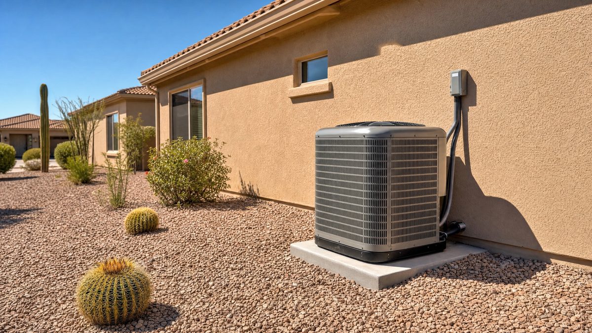 Outdoor air conditioning unit at a Peoria Arizona home with desert landscaping