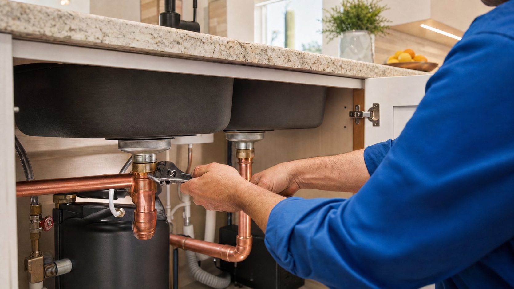 Professional plumber repairing kitchen sink plumbing in Peoria Arizona home